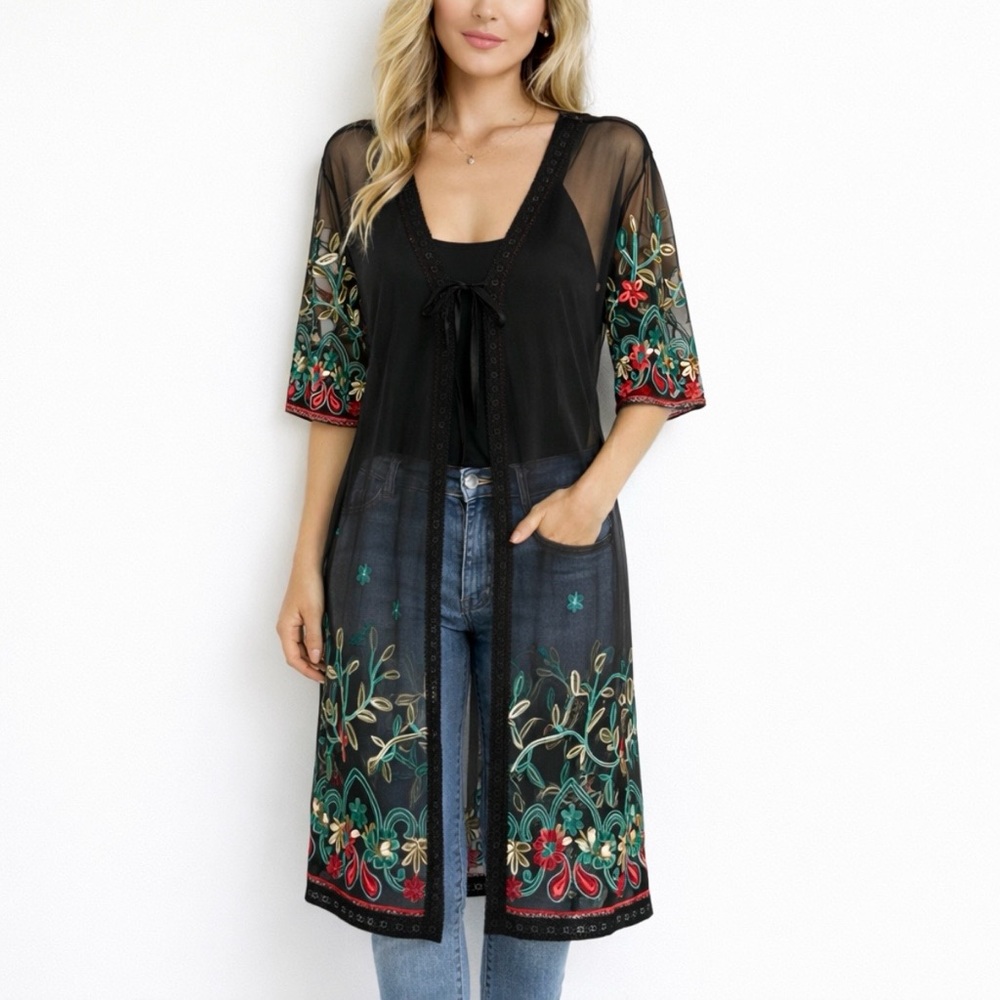 Asha Collection ($275) Boutique Brand Sheer Embroidered Tie Kimono - PTP 24